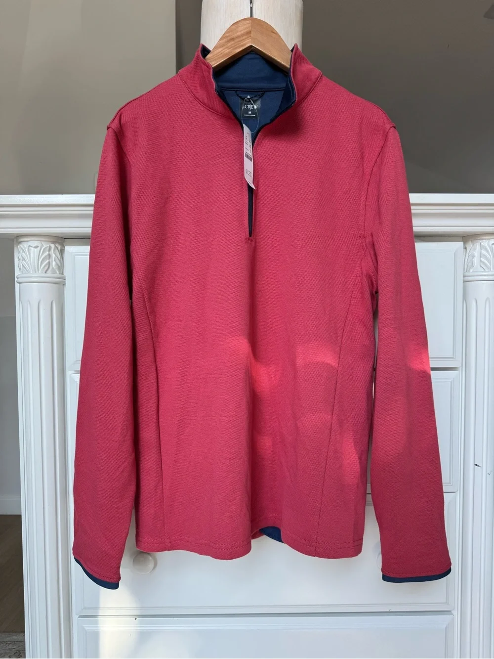 J. Crew Raspberry Quarter-Zip Pullover with Navy Trim NWT size M